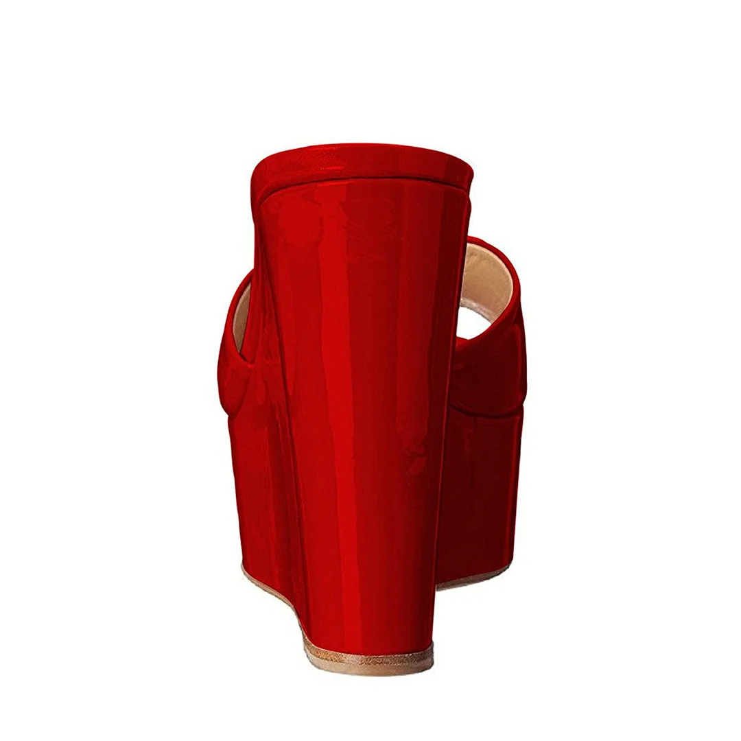 Red Patent Leather Round Toe Wide Band Platform Mules with Wedge Heel