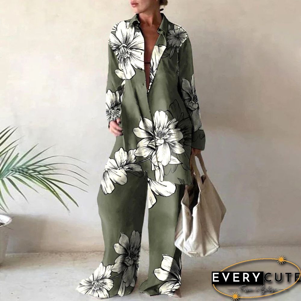 Summer Fashion Printed Loose Long Sleeves Shirts Straight Pants Two Piece Suits New Streetwear Women's Winter Elegant Commuting