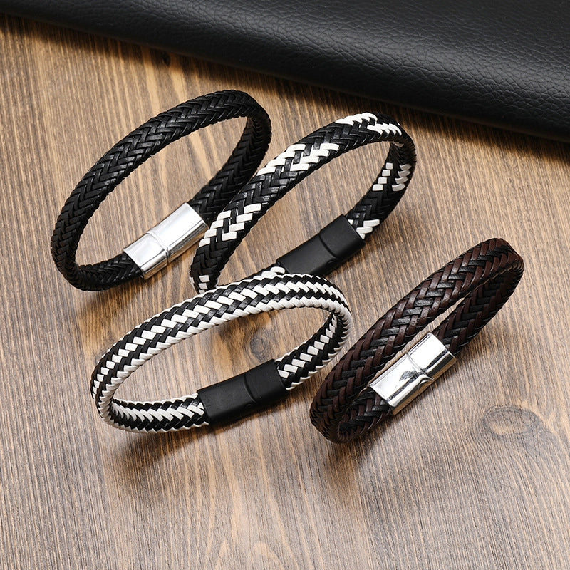 Retro Color Block Solid Color Pu Leather Alloy Men's Bracelets Men Cord & Leather Bracelets