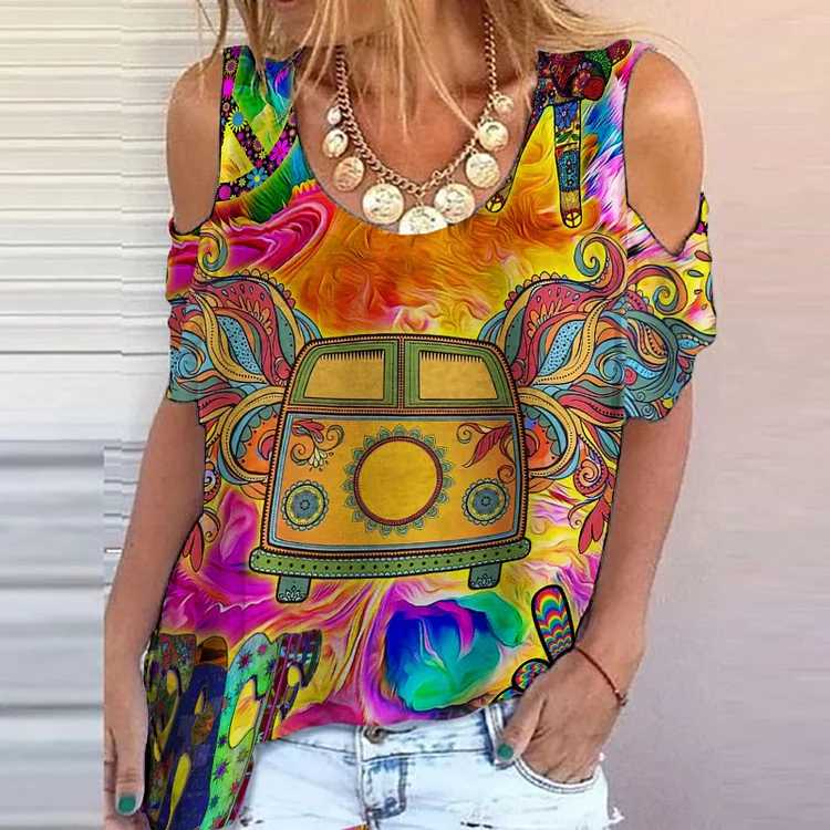 Wearshes Hippie Color Car Print Off Shoulder T-Shirt