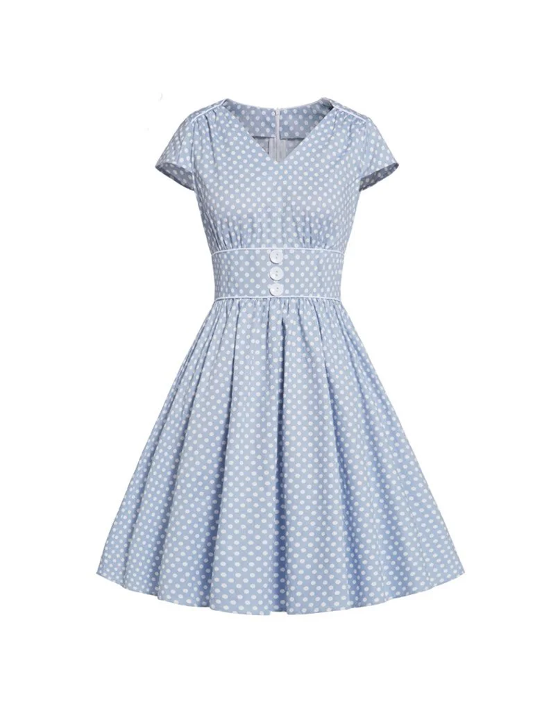Casual Dress High Waist Polka Dot Pleated Dress
