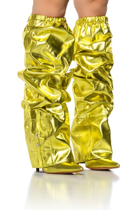 VCSHOES Gold Women Knee High Boots Thin High Heel Thigh Boots Pointed Toe Zipper Party Shoes Elastic Band 44