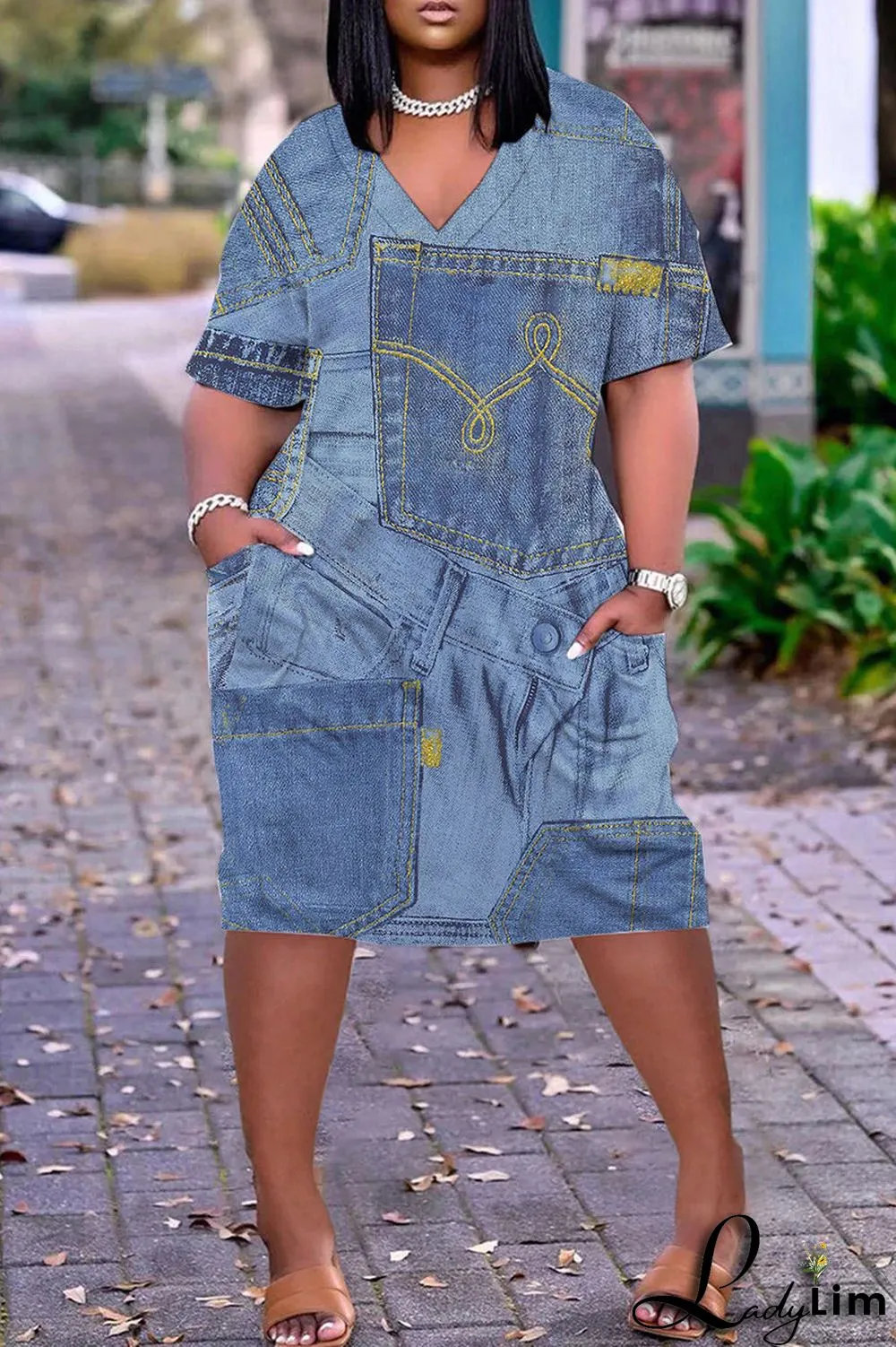 Light Blue Casual Print Basic V Neck Short Sleeve Dress Dresses