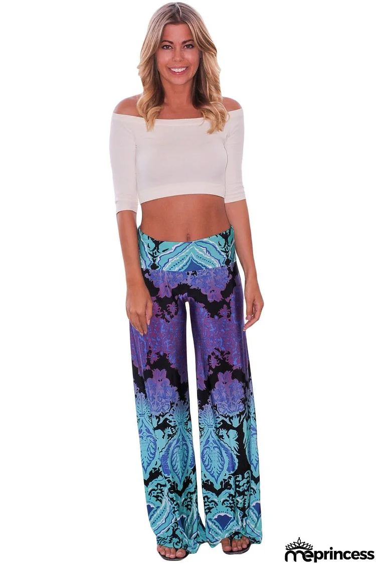 Aqua and Purple Printed Palazzo Pants