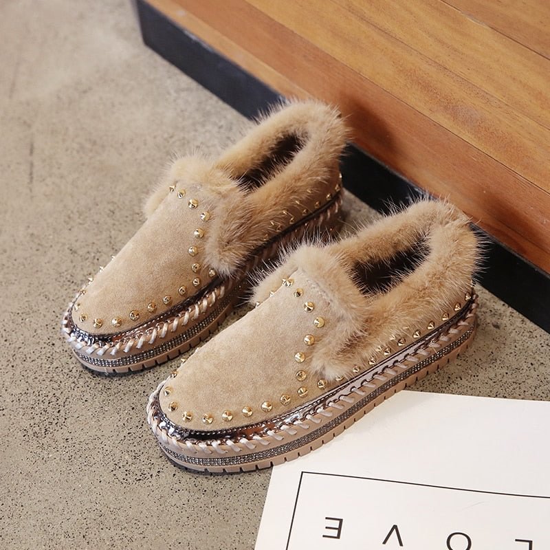 Lucyever 2020 New Spring Women Flat Shoes Fashion Real Fur Rivet Round-toe Casual Shoes Ladies Flats with Loafer Shoes Woman