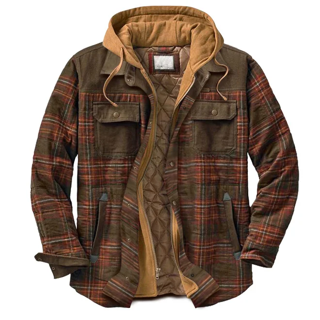 Plaid Hooded Jacket Men's Autumn & Winter Outdoor Casual Checked Hooded Jacket