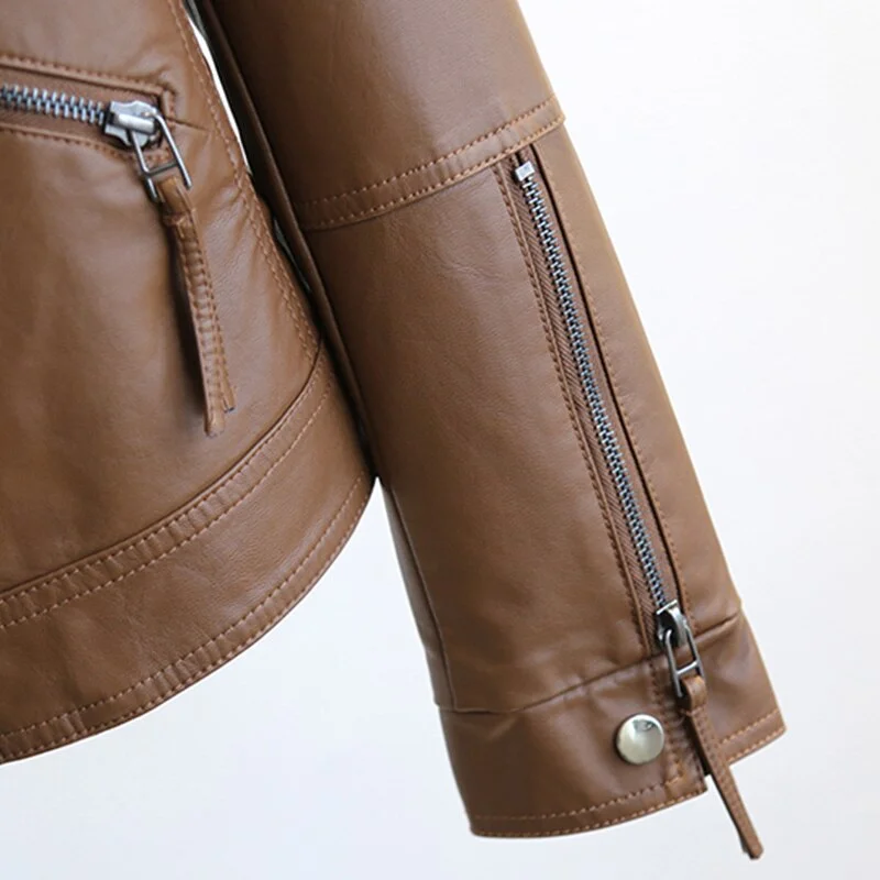 FTLZZ Spring Autumn Vintage Faux Leather Jacket Women Brown Moto Biker  Leather Coats Casual Street Wear Zipper PU Basic Outwear