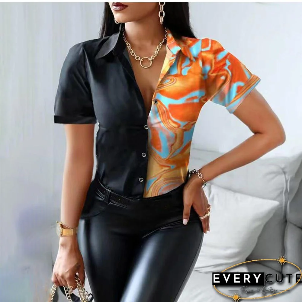 Summer Women Black Floral Print Top Shirt Fashion Casual Short Sleeve Turn-down Collar Tops Shirts New Elegant Slim Button Shirt