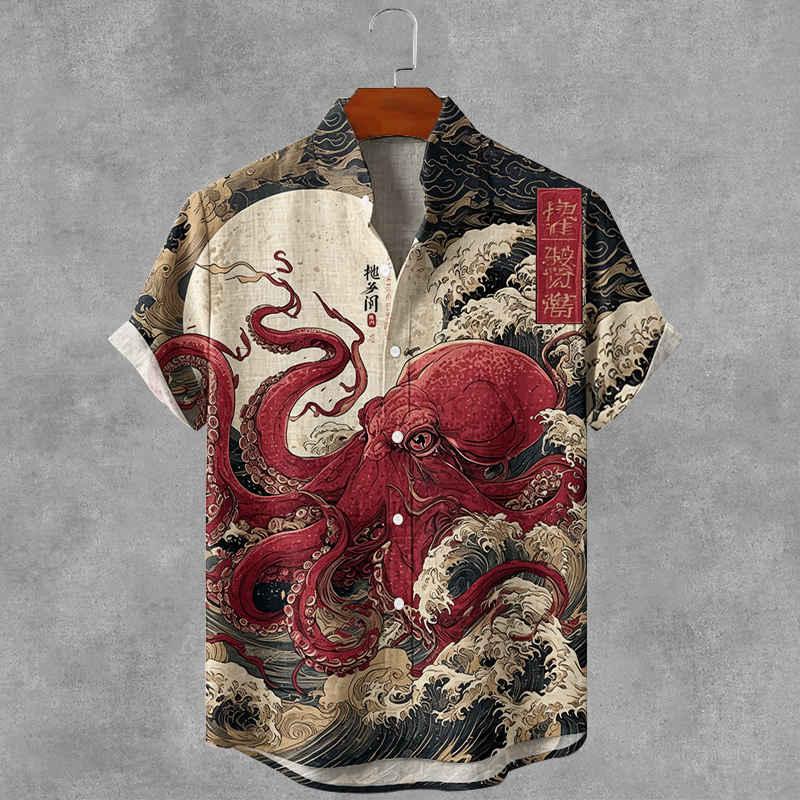 Vintage Japanese Octopus Ukiyo-e Art Print Casual Cotton Linen Shirt  artssus