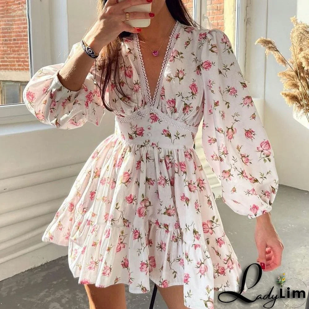 Women's Fall Chic Sweet Floral Print V-Neck Puff Sleeve A-Line Dress