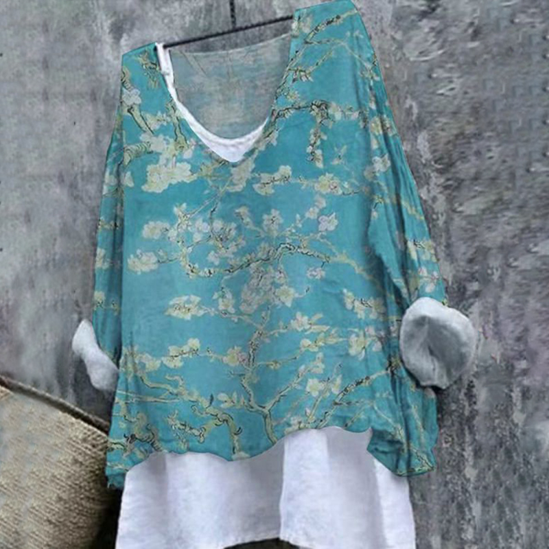 Vintage Floral Cotton And Linen V-Neck Cozy Shirt Tunic Top
