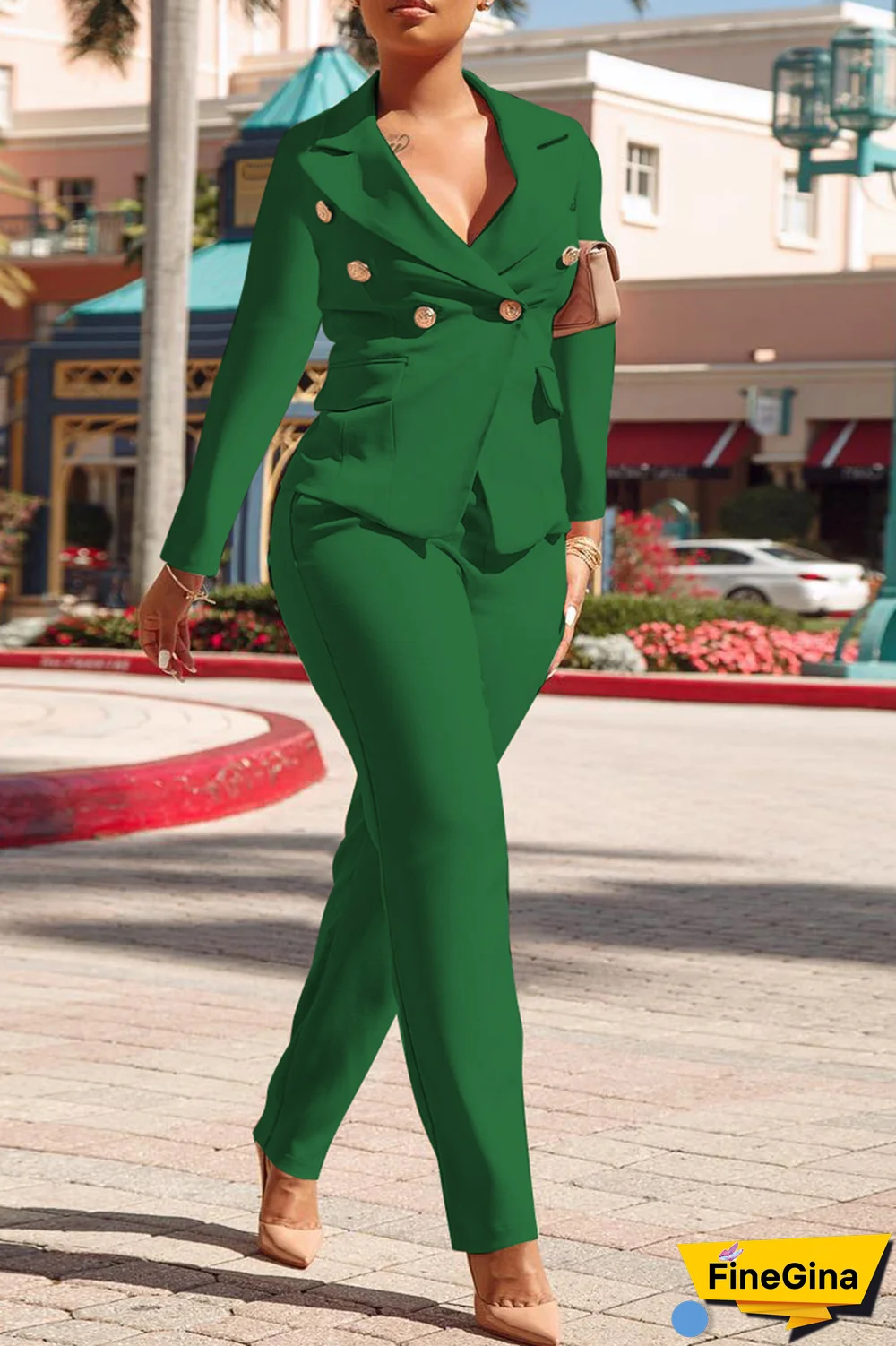 Pink Fashion Solid Buckle Turndown Collar Long Sleeve Two Pieces