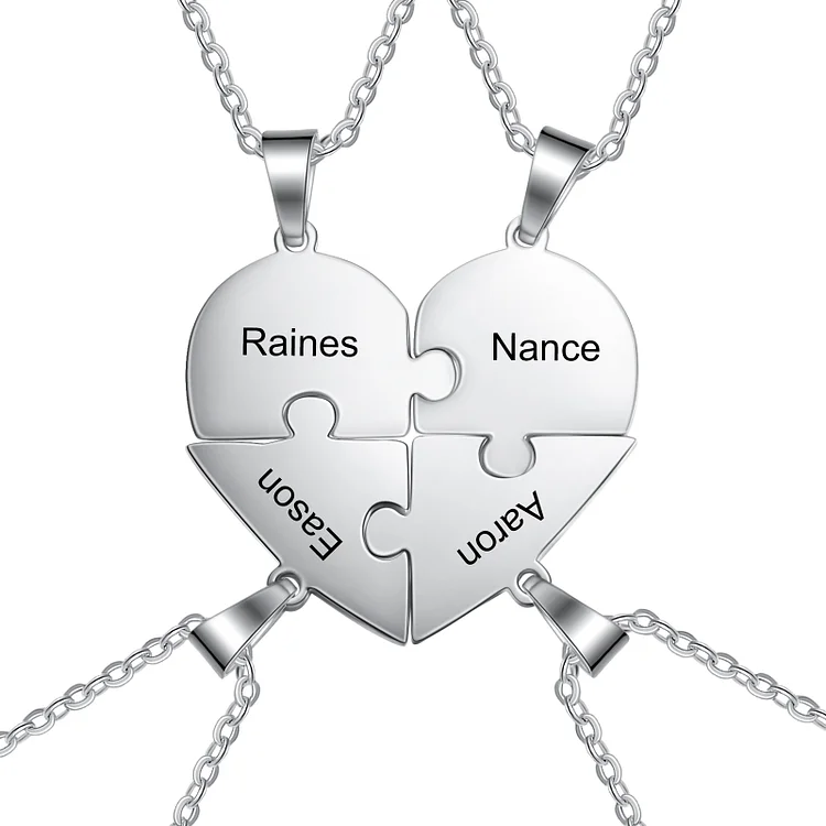 Personalized Heart Puzzle Necklace Engraved 4 Names Gifts for Family