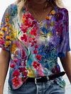 Floral Art Print Tie Dye V-Neck T-Shirt
