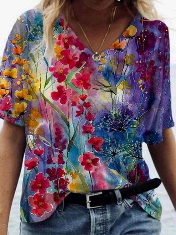🔥Buy 3 Get 10% Off🔥Women'S Floral Art Print Tie Dye V-Neck T-Shirt