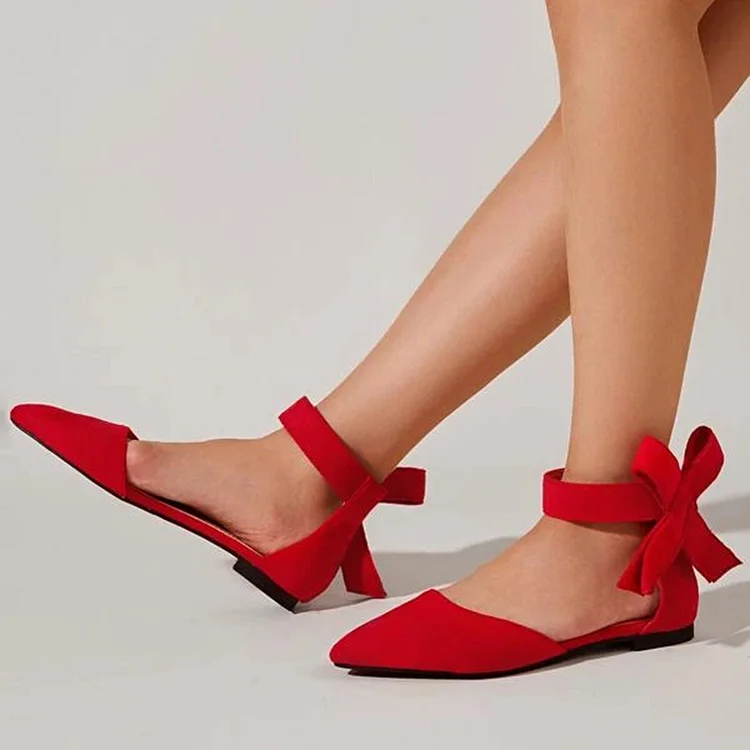 Red Pointy Toe Flat Pump Ankle Strap Bow Shoes Vegan Suede Ballet Flats |FSJ Shoes