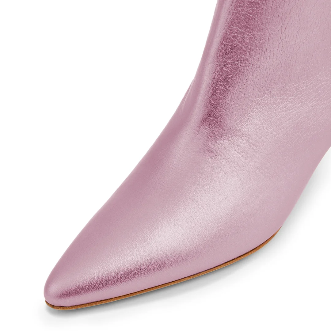 Shiny Pink Vegan Leather Pointed Toe Back-Zip Kitten Heel Ankle Boots