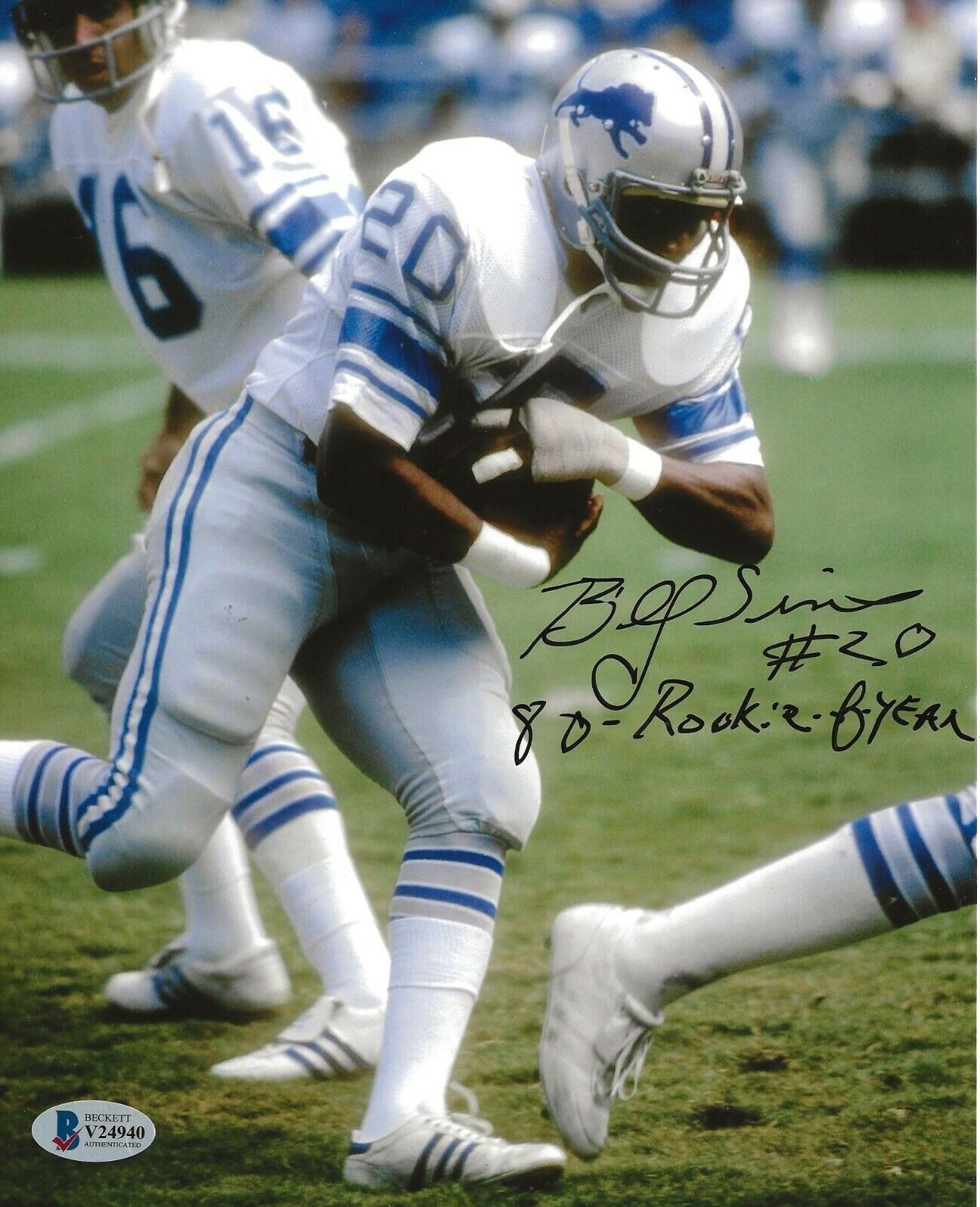 Billy Sims signed Detroit Lions 8x10 Photo Poster painting autographed ROY Inscription Beckett