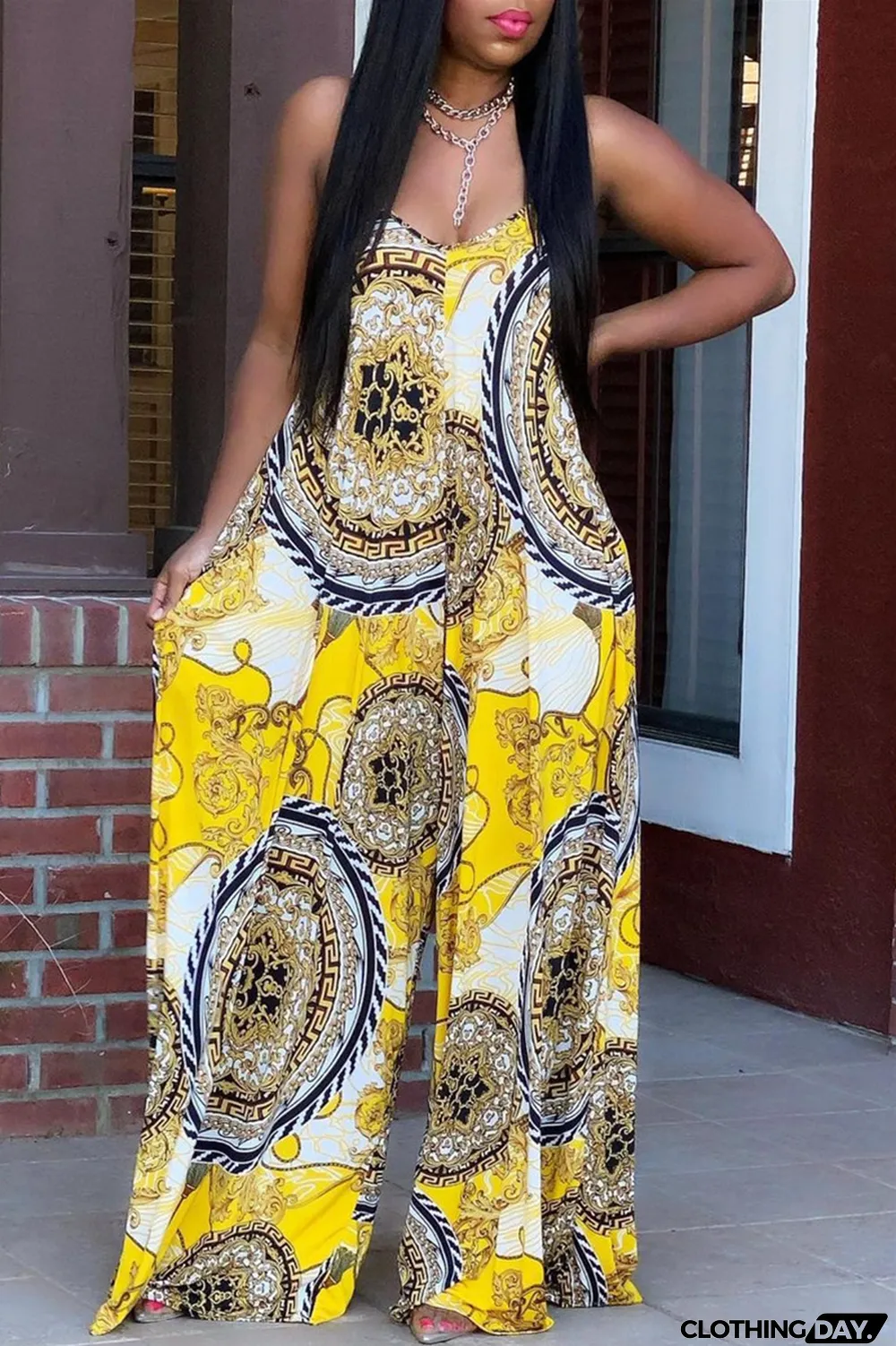 Yellow Sexy Casual Print Backless Spaghetti Strap Loose Jumpsuits