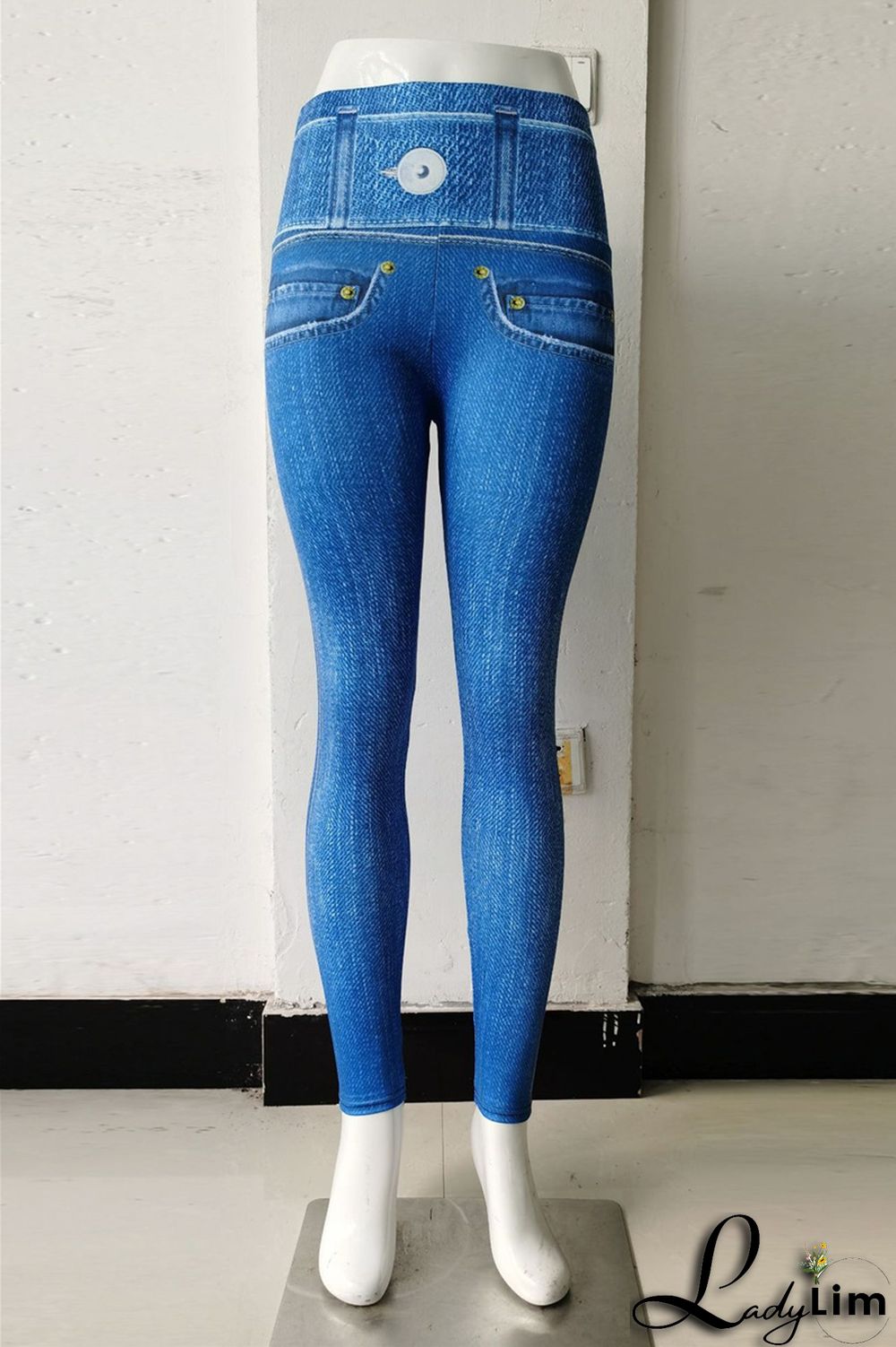 Blue Fashion Casual Sportswear Print Split Joint Skinny High Waist Pencil Trousers