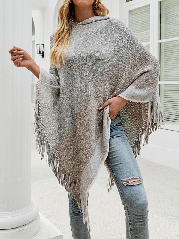 Women's Knit Shawl Fringed Hem Striped Stitching Sweater Top