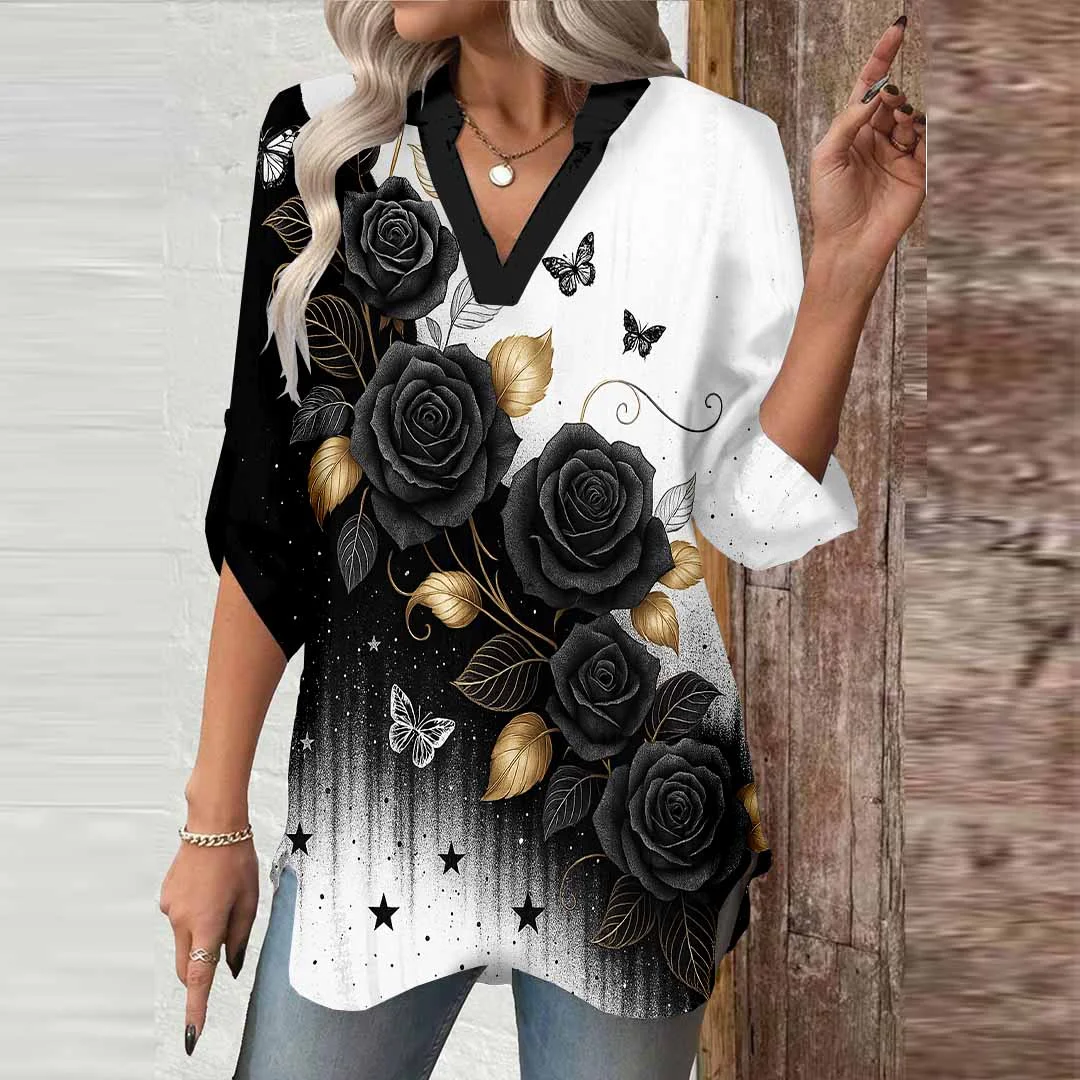 Women Black,Floral,Gold DZGA0790 3/4 Sleeve V-neck Printed Graphic Button Tops