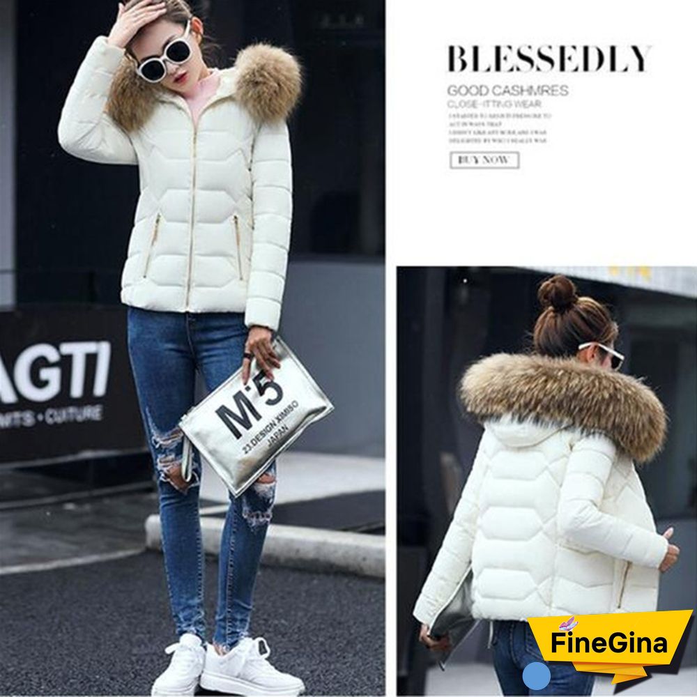 Women Autumn Winter New Fashion Short Coat Cotton-padded Jacket Large Size Hooded Jacket Warm Cotton Female Fur Collar Hoody Parka XS-XXXL