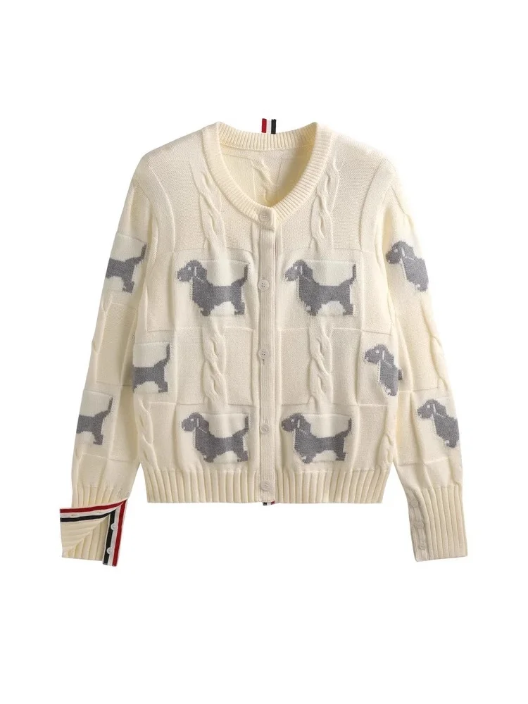 Nigikala Nigikala Spring And Autumn Women's Round-Neck Knitted Shirt Jacket Puppy Pattern Sweater Women Put On The Long Sleeve Design Sense