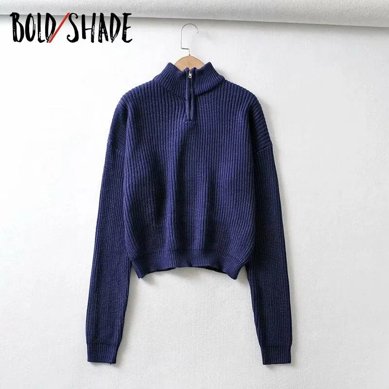 Bold Shade 90s Fashion Grunge Sweater Mock Neck Zipper Knit Pullovers Women Streetwear Solid Sweaters Fall Winter Indie Outfits