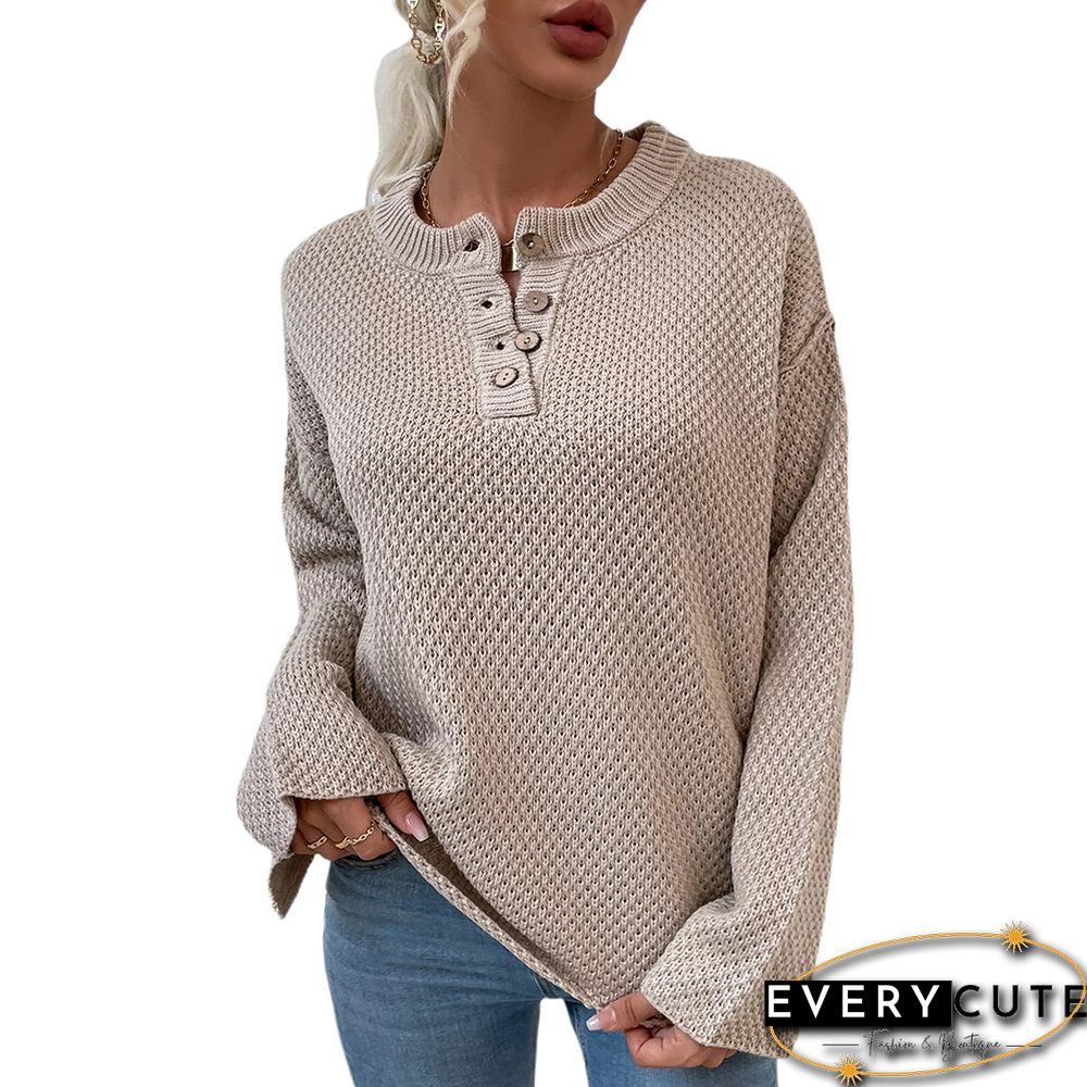 Khaki Button-up Crew Neck Drop Shoulder Knit Sweater