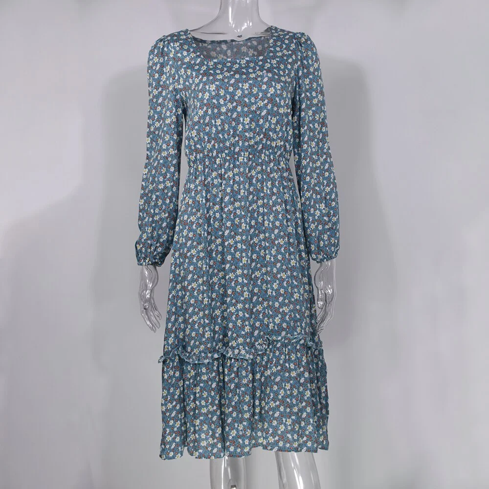 Casual Floral Dress Women Elegant Flower Midi Dresses Female Long Sleeve Square Collar Loosed Dress Ladies Party Beach Vestidos