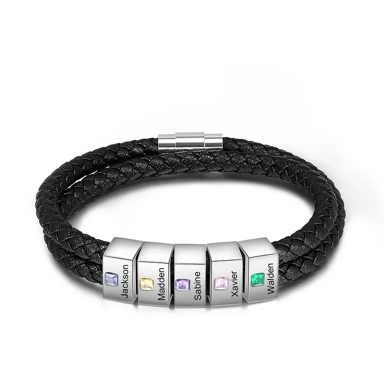 Herren Gravur 5 Namen Zweifach Leder Armband mit 5 Geburtssteinen