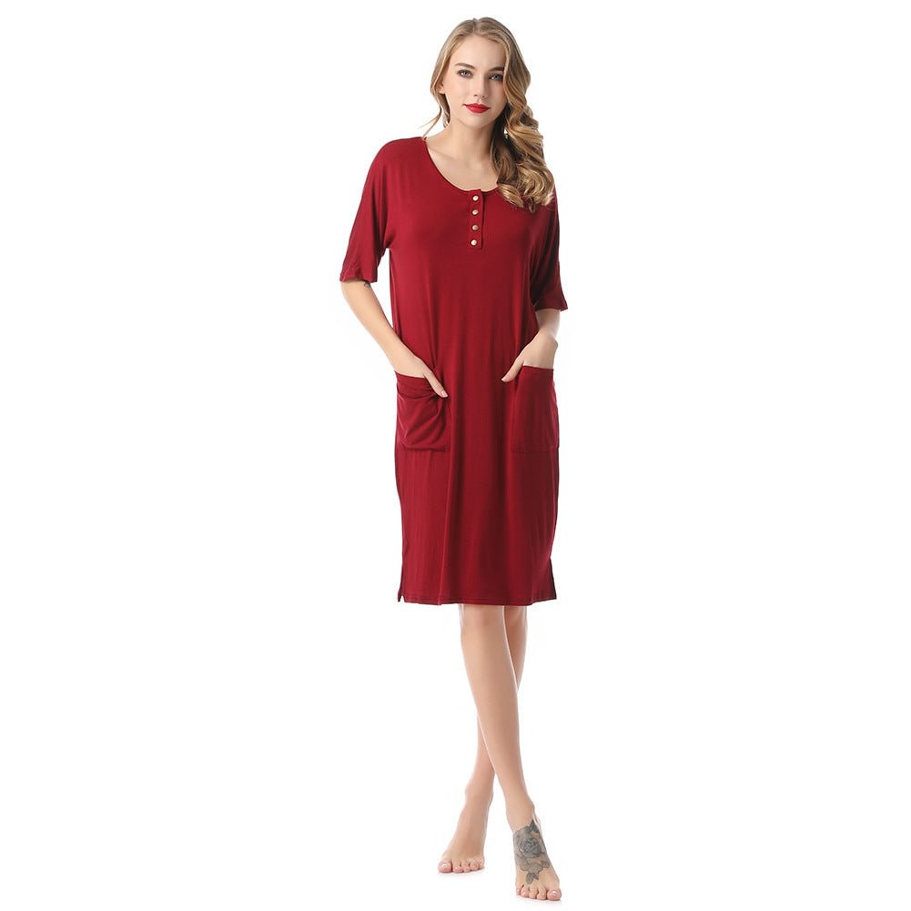 Nightdress Round Neck Solid Color Buttons Mid-length Pajamas Can Be Worn Outside