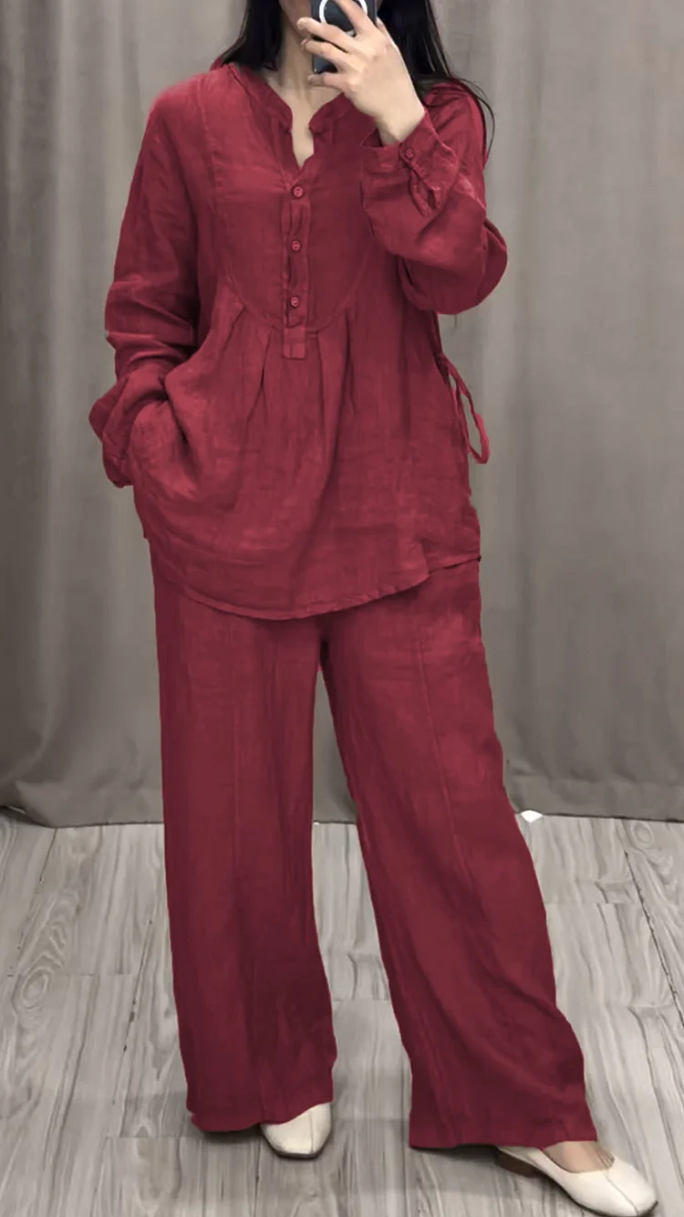 Women Cotton and Linen V-neck Two-piece Suit