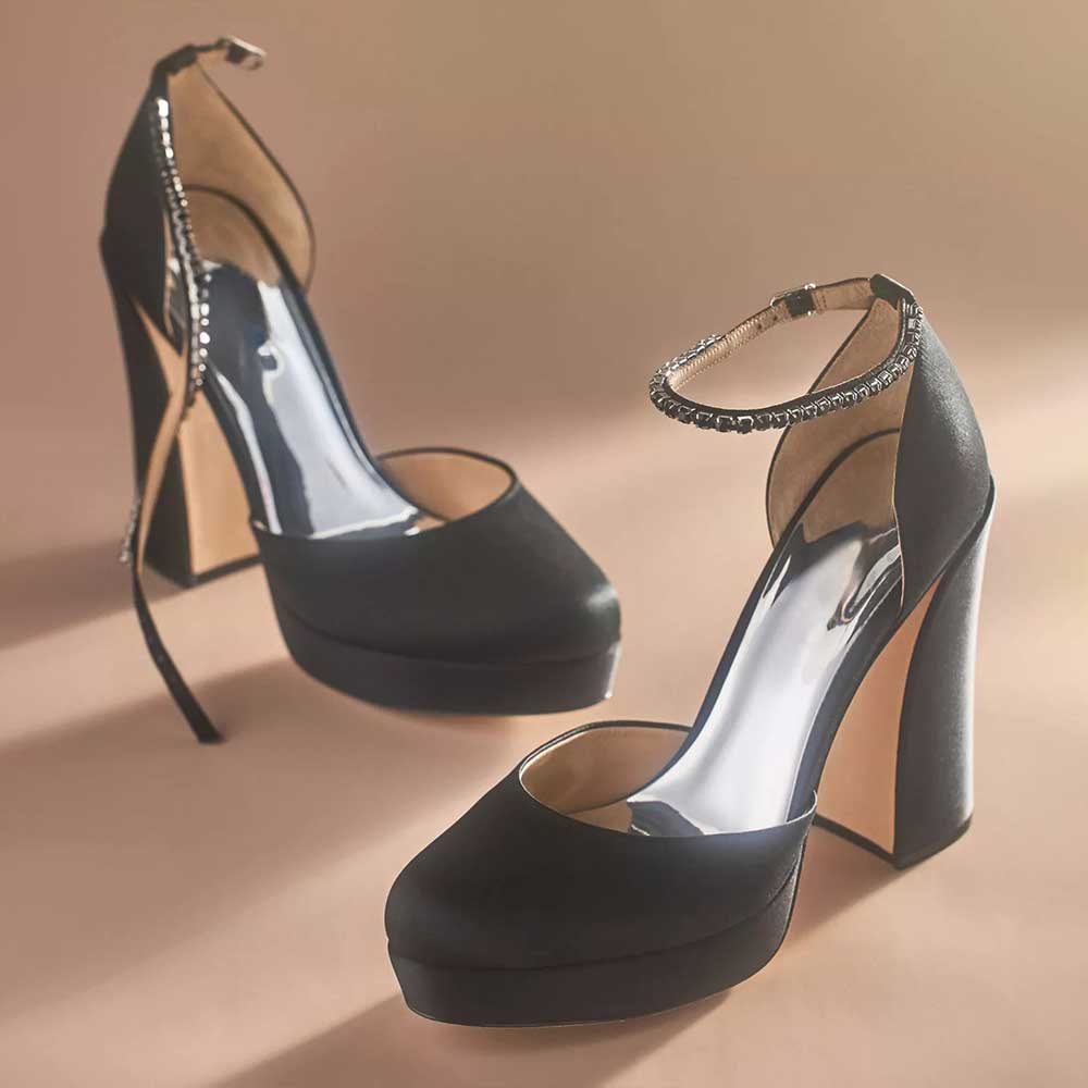 Black Satin Rhinestone Embellished Ankle Strap Platform Pumps Nicepairs