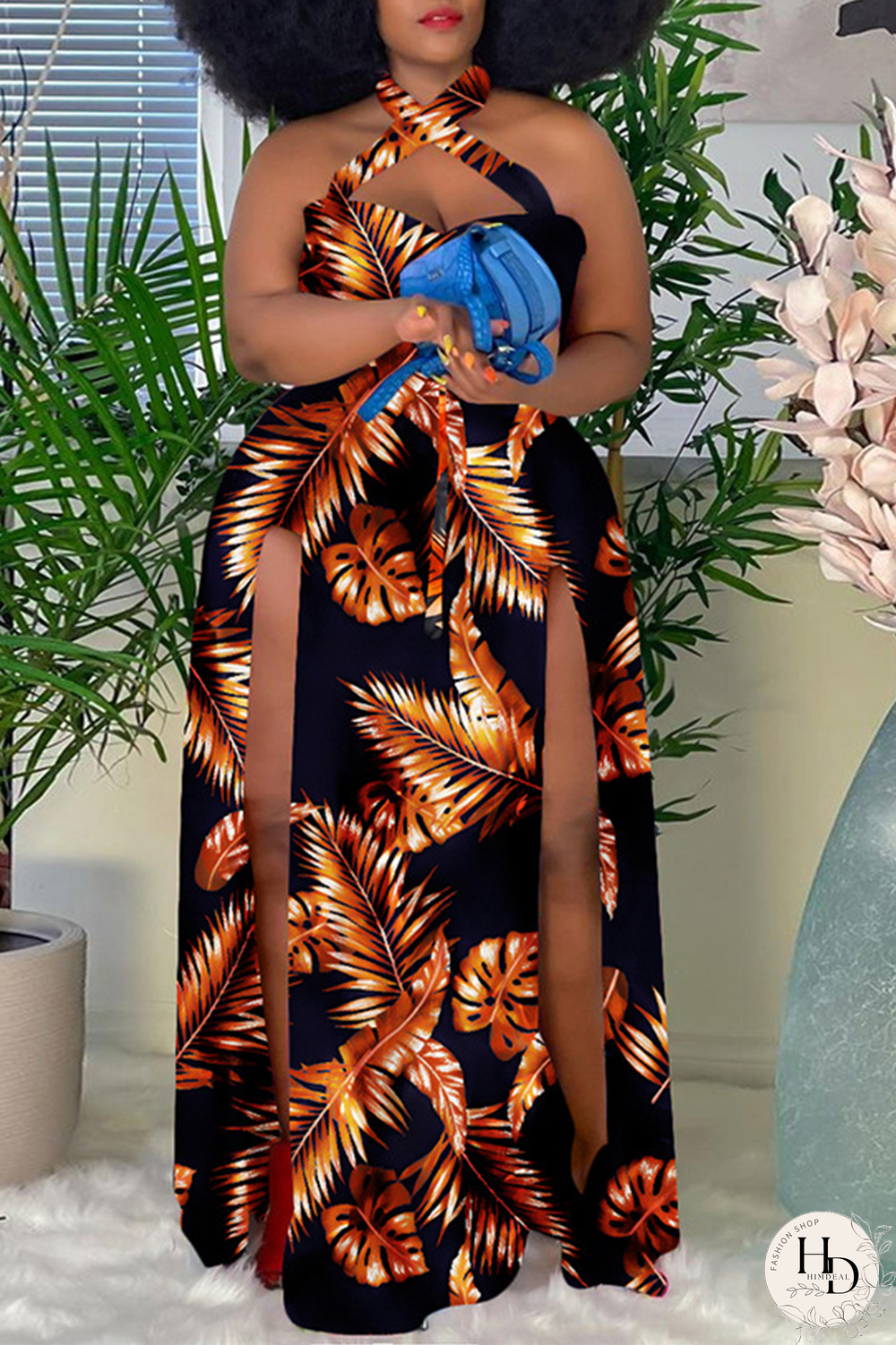 Tangerine Red Sexy Print High Opening Halter Plus Size Dresses