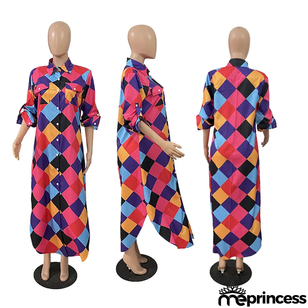 Women Spring Summer Autumn Fashion Sexy Long Shirt Print Casual Long Dress