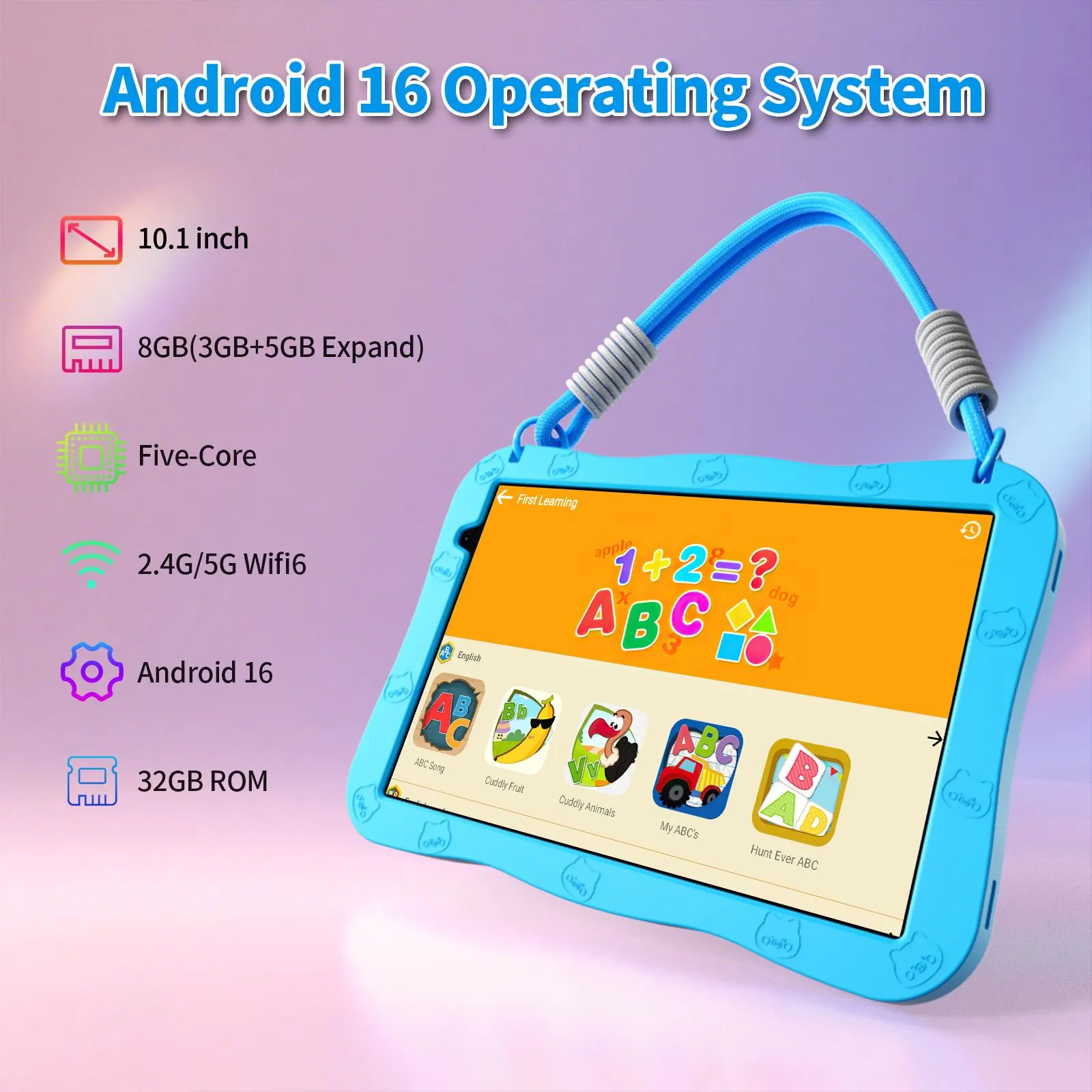 [SummerFinds] PRITOM New Arrivals Kids Tablet 10 inch Android 16 8GB RAM 32GB ROM Dual Cameras WiFi 6 6000mAh Battery Protective Silicone Case Animal Flash Cards Educational Apps Toddler Gifts Stress Relief Case Pink Blue-Tablet Screen Kids Gift