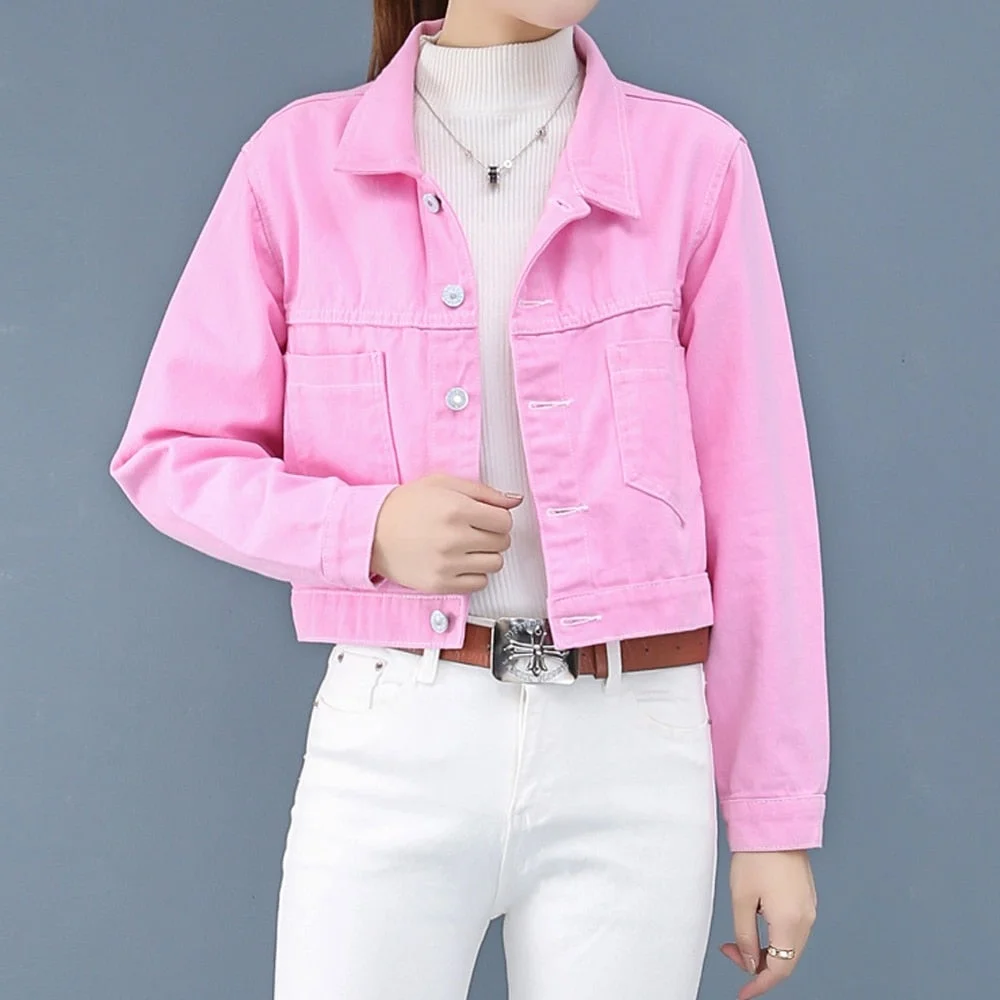 Jeans Jackets Coats For Women Autumn Female Long Sleeve New Short Jacket Pink Yellow Pockets Casual Lady Denim Coat Outerwear