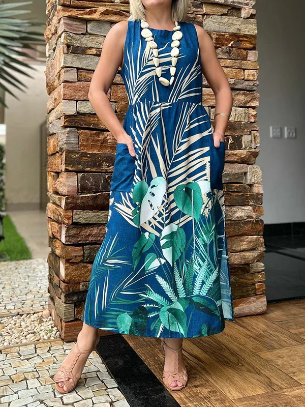 Floral Printed Loose Sleeveless Round-Neck Midi Dresses