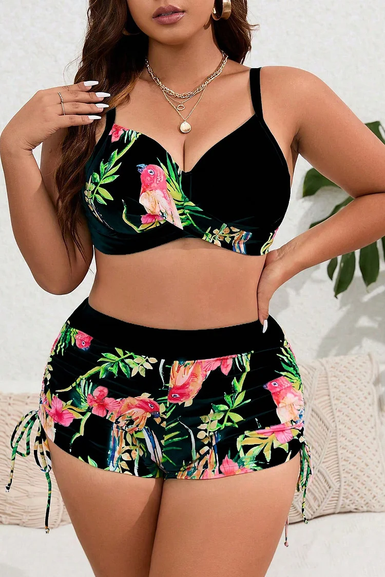 Plus Size Vacation Green Tropical Print Lace Up Two Pieces Swimsuits 2024 - Xpluswear