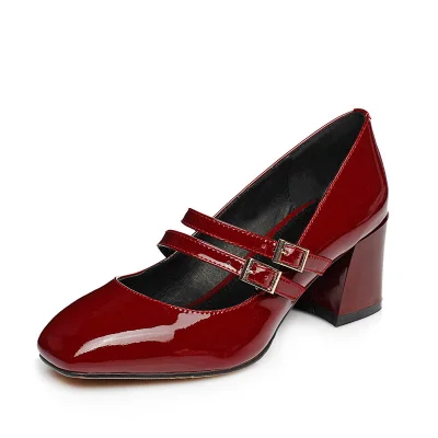 Women's Burgundy Mary Jane Patent Leather Vintage Heels |FSJ Shoes