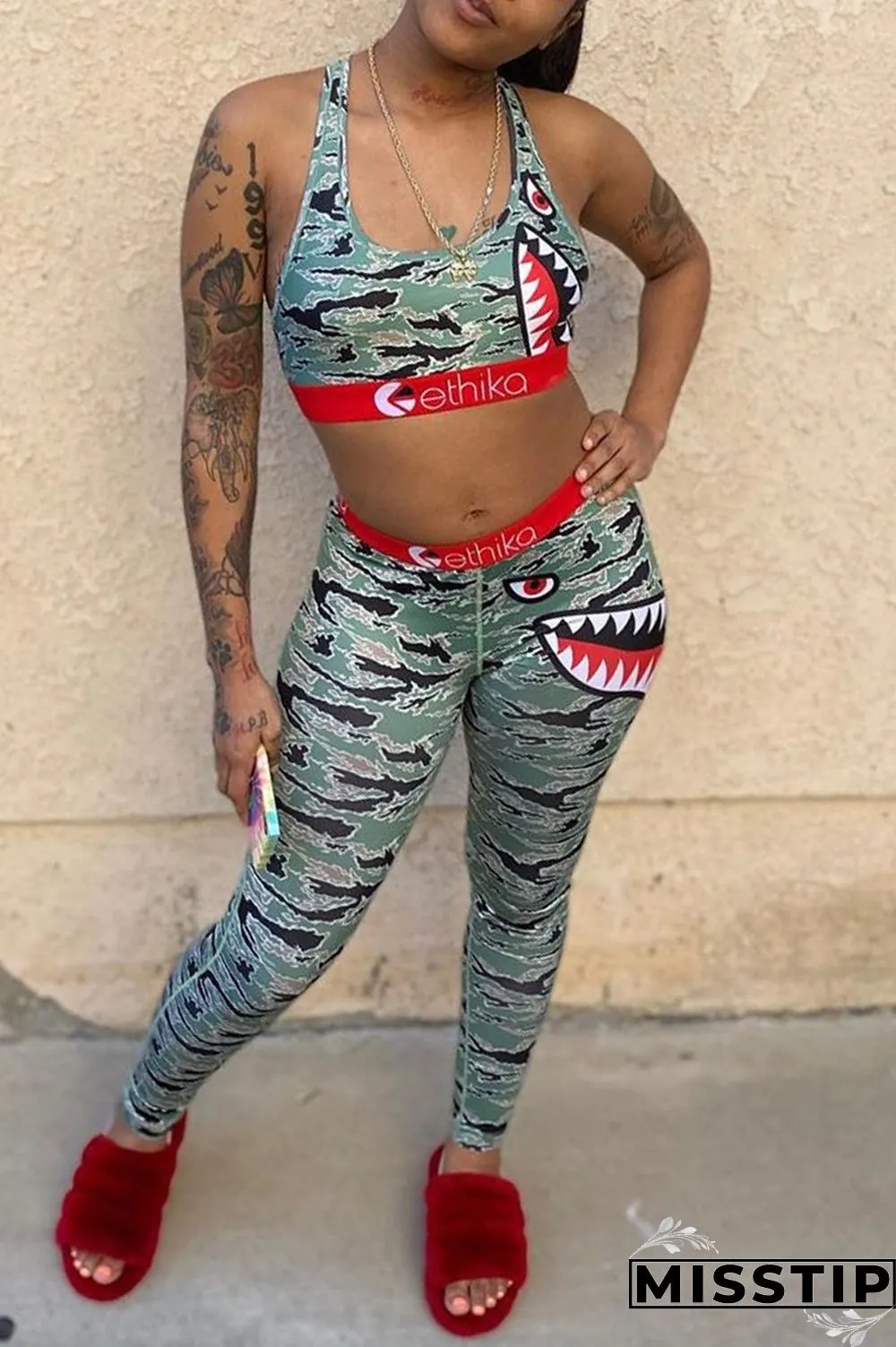 Yellow Fashion Sexy Printed Vest Trousers Set
