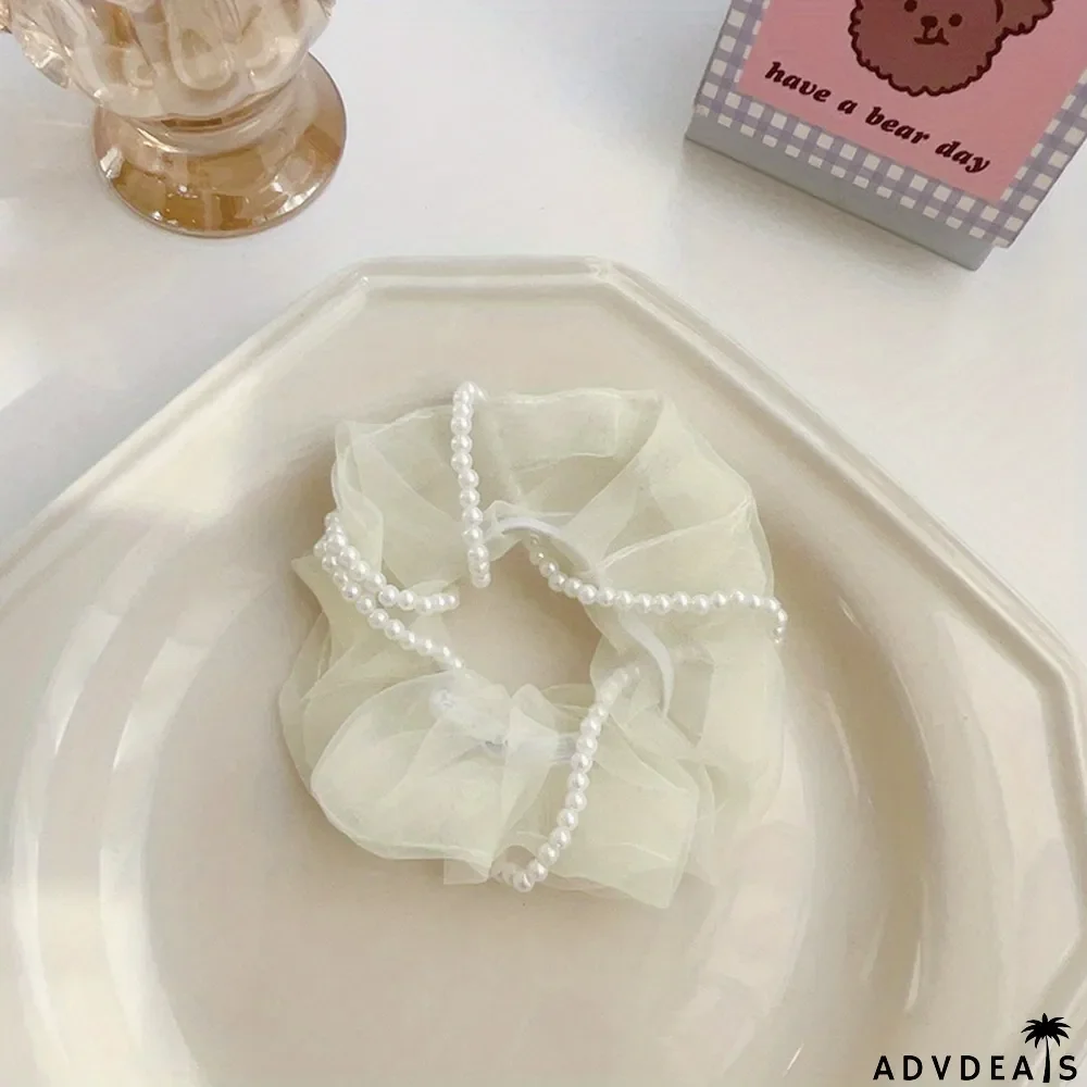 Organza Scrunchies Faux Pearl Chain Twisted Hair Rope Simple Style Hair Ring Elegant Ponytail Holder Hair Tie Women Girls Hair Accessories