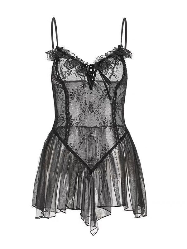 Mesh Lace Suspender Perspective Nightdress With T-pants