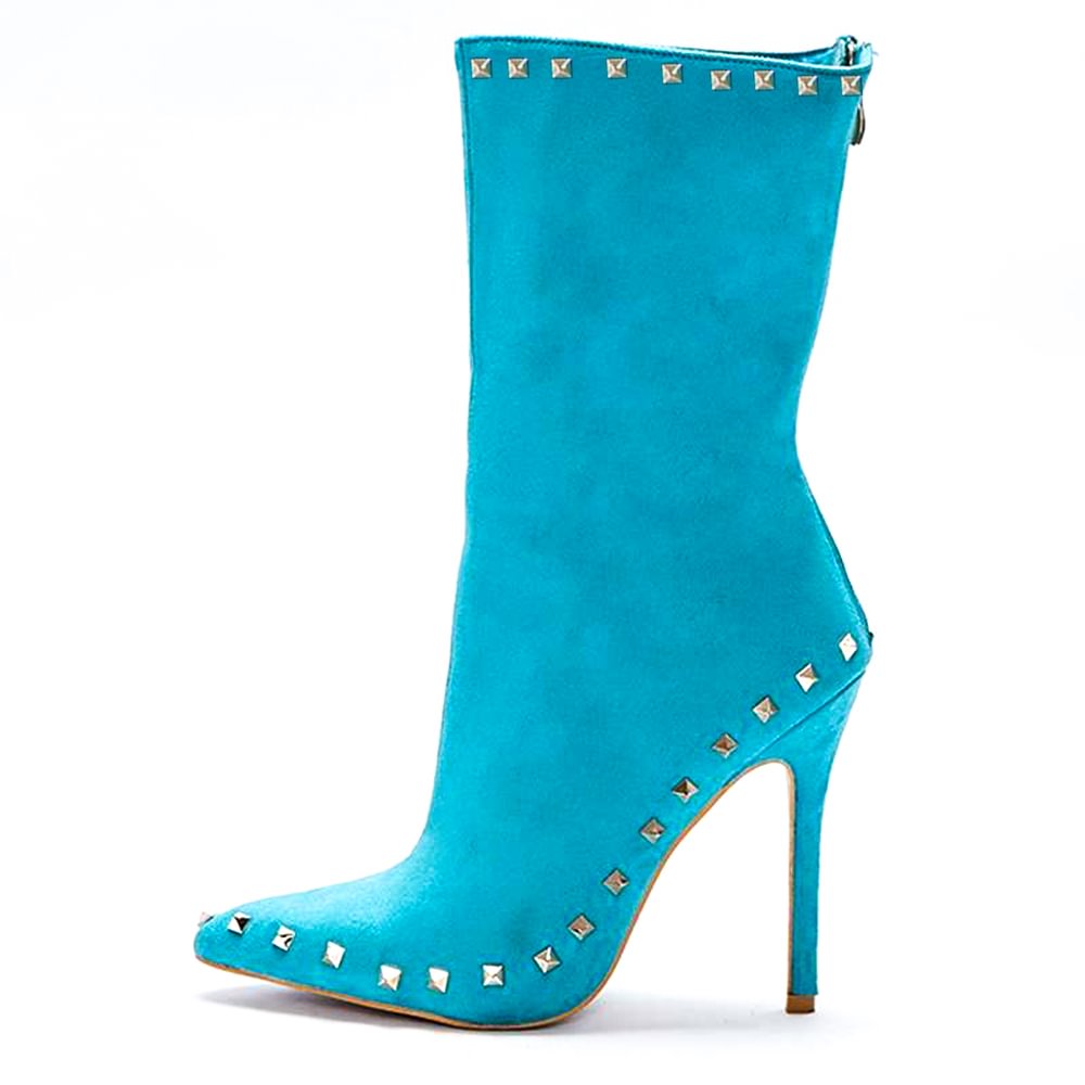 Blue Leather Women's Boots Rivet Decor Stiletto Heel Booties Nicepairs