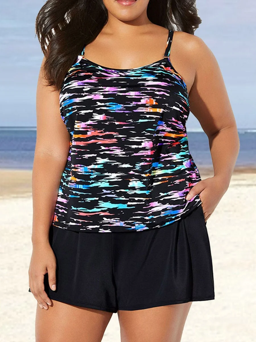 Women Sleeveless Scoop Neck Breast Off-shoulder Printed Tie Dye Tankini Swimwear