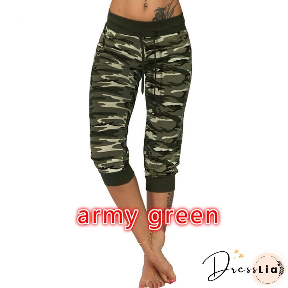 Womens 3/4 Lightweight Jogging Capri Pants Camouflage Sport Fitness Pants Trousers