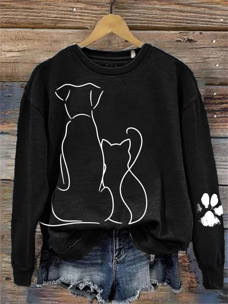 Cat & Dog Line Art Paw Print Comfy Sweatshirt wearshes