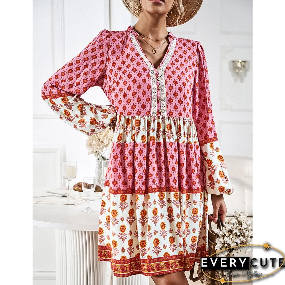 Pink Bohemia Print Button Detail V Neck Long Sleeve Dress